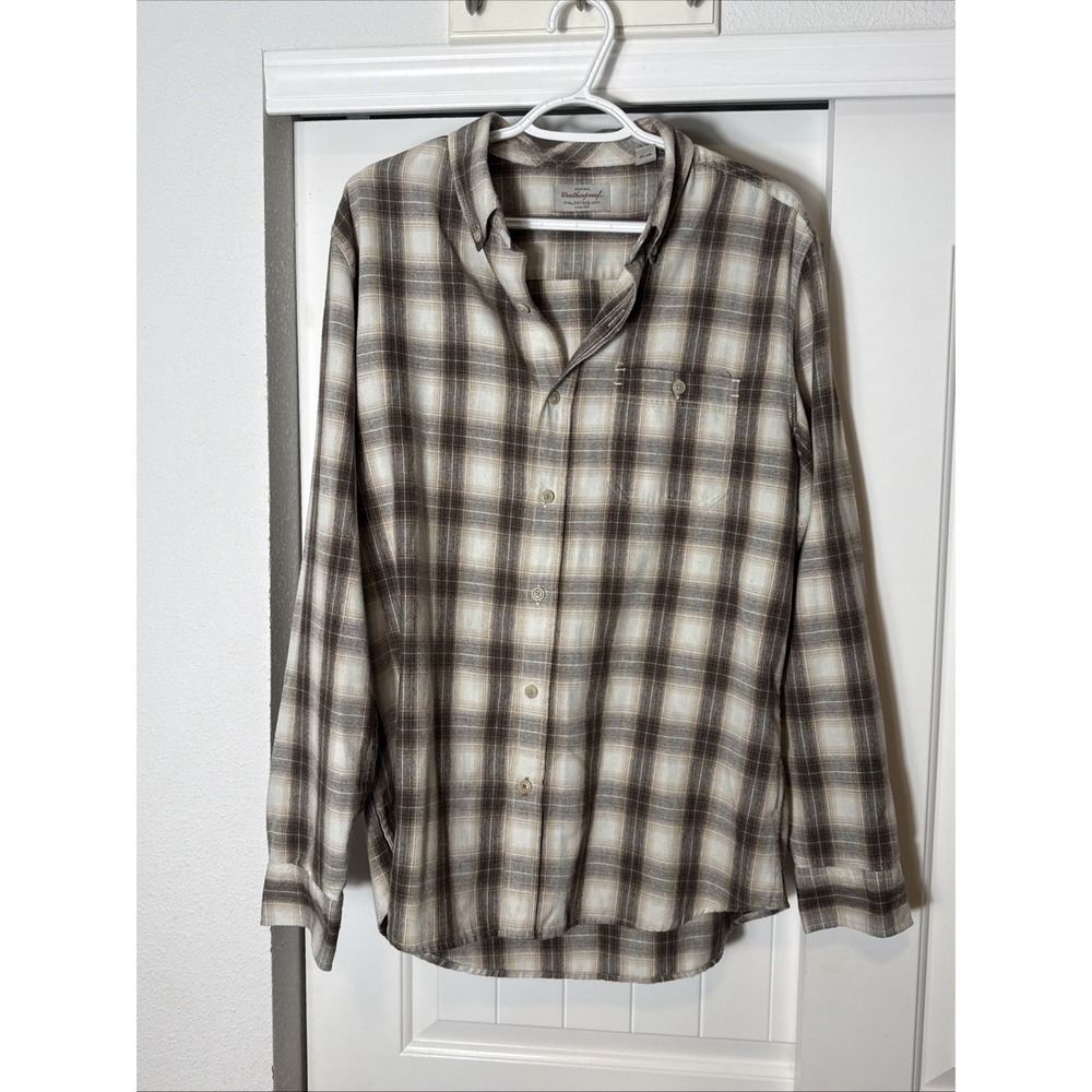 WEATHERPROOF‎ VINTAGE Mens Flannel Shirt Brown Plaid Lightweight Button Large